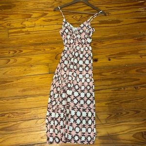 Loft 0 Petite Brown and Pink Keyhole Midi Dress